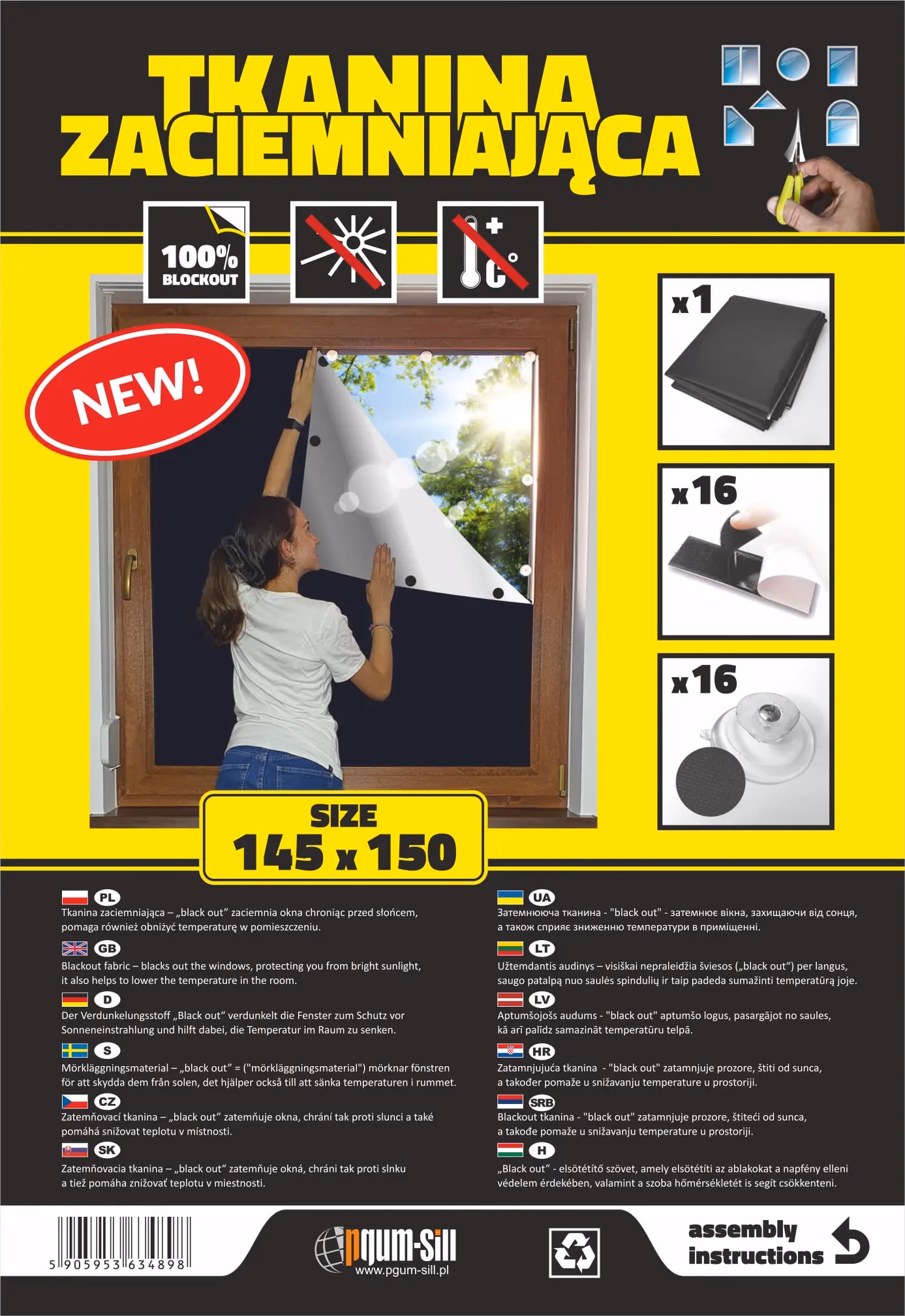 Tkanina zaciemniająca na okno zamontowana na ramie okiennej